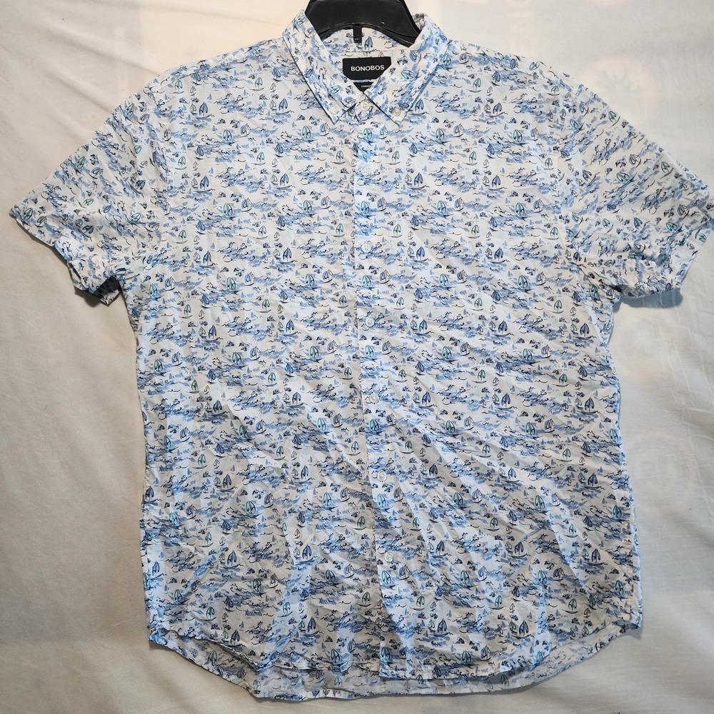 Bonobos Mens Large Standard Fit Short Sleeve Button Down Nautical Sailboat Shirt